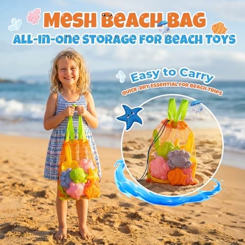 Beach Sand Toys Set for Toddlers, Portable Travel Beach Toys with Collapsible Bucket, Shovel, Rake, Molds & Mesh Storage Bag for Kids, Summer Gift (Sunset Orange) — view 3