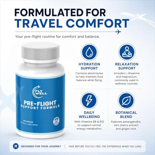 FlyWell Pre-Flight Support Capsules — Travel Supplement with Ashwagandha, Electrolytes, Magnesium, & L-Theanine | Jet Lag, Hydration & Calm Support | GMP Certified | 30 Capsules — view 6