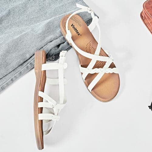 Veittes Women's Dressy Casual Strappy Flat Slide Sandals,White 10 — view 2