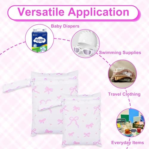 Leseogye 2-Pack Pink Bow Wash Bag, Waterproof Pouch with Large and Small Sizes, Reusable Wet Bags for Babies, Travel Laundry Bag for Swim Supplies and Small Items — view 5