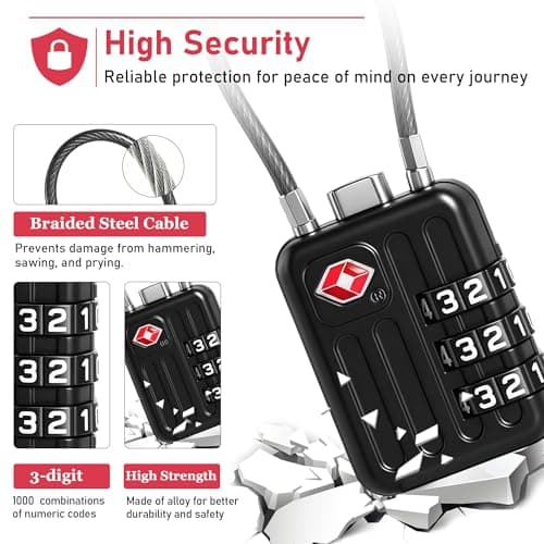 NAGE TSA Lock with Numerical Code, 3-Digit Waterproof TSA Lock (2p, Black) — view 3