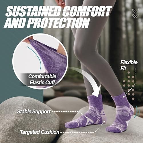 ANTSANG 6 Pairs Merino Wool Quarter Socks Running Walking Hiking Compression Support Breathable Thermal Warm Thick Cushion Ankle Unisex Socks for Women Men(3-7, Pink-Purple Series) — view 3