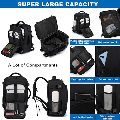 Cabin Bags 40x20x25 for Ryanair Underseat 20L Small Travel Hand Luggage Backpack Carry-ons Bag Cabin Size for Airplanes Flight Bag Travel Rucksack Fit 14 Inch Laptop with USB Charging Port-Black — view 3