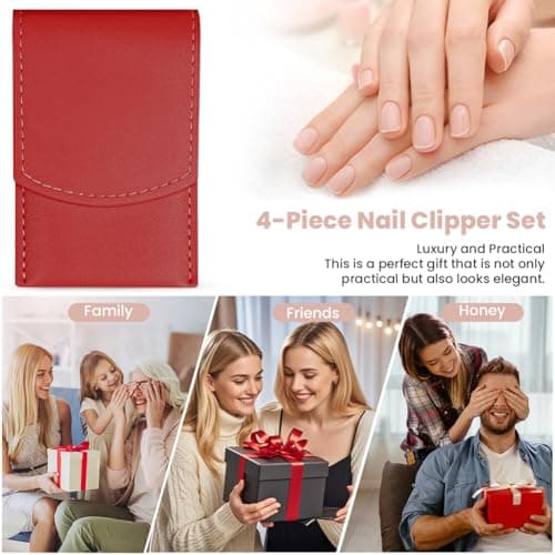 LOPHE Professional Manicure Set, 4pcs Portable Nail Clippers & Eyebrow Grooming Kit, Stainless Steel Nail Care Tools with Luxurious Leather Case for Travel & Home (Red) — view 6
