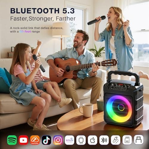 Dislocati Karaoke Machine with 2 Wireless Microphones: Portable Bluetooth Speaker for Adults & Kids - PA System with Lights Supports TF Card/USB/AUX for Home Party-Stage Monitors — view 4