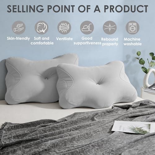 Cervical Pillowcase for Butterfly Shaped Memory Foam Neck Support Pillows, Breathable Ergonomics Pillow Cover with Zipper, Replacement Case for 63x42.5cm Sleeping Pillows (Cover Only)(Gray) — view 4