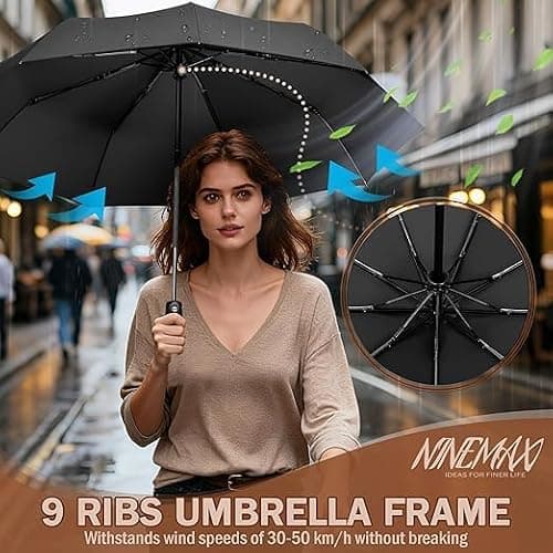 Umbrella Windproof Strong Compact,Light portable and automatic folding rain Umbrella, Extra Large Automatic Open & Close Rainproof with UV Protection, Durable Premium Grip, Fits Car. (Blk) — view 4