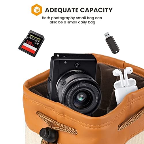 TARION Drawstring Camera Bag with Strap - Small Camera Lens Carrying Bag with Adjustable Shoulder Strap Vintage Canvas Lens Case Camera Protective Pouch Portable Lightweight 21x13x12cm B3 Yellow S — view 3