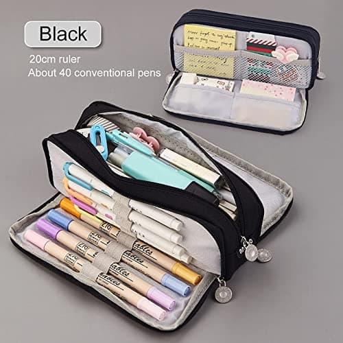 Pencil Pouch,Aesthetic Zipper Pencil Bag Pen Case, Multi-Slot Large Students Adults Stationery Pouch 3 Compartment Organizer for Back to School Office Supplies (Black) — view 4