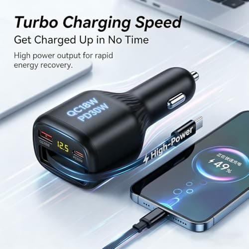 HOWDCHENG 78W Retractable Car Charger, USB-C Car Charger with Cable, Cigarette Lighter Splitter, Voltage Display. Car Accessories for Men Women, for iPhone 17 16 15 14 13,Galaxy, Pixel — view 2