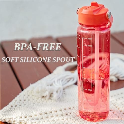 GOPPUS 1000ml/32oz Clear Water Bottle with Straw, Tritan Leakproof Sports Drinking Bottle, BPA Free Wide Mouth Gym Bottle with Handle and Measurement Marks for School, Gym, Travel (Red) — view 4