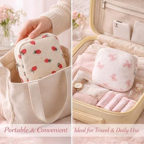 2 Pack Period Bag for Teen Girls, Striped Sanitary Napkin Storage Pouch, Cute Portable Period Bag, Holds Pads, Tampons, Menstrual Cups & Liners, Pad Pouch for Travel & Daily Use (Beige) — view 4