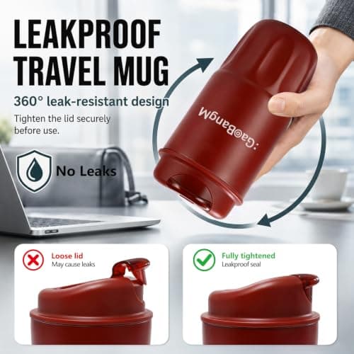: GaoBangM 450ml Travel Mug, Insulated Coffee Cup with Leakproof Lid, Red — view 3