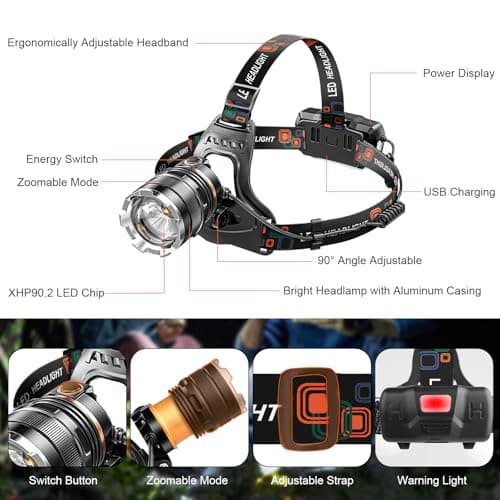 Head Torch Rechargeable,Super Bright 5000LM 6 Modes LED Headlight with Red Warning Light Motion Sensor,5200mAh USB Rechargeable Waterproof Adjustable Headlamp for Camping Running Fishing Outdoor — view 5
