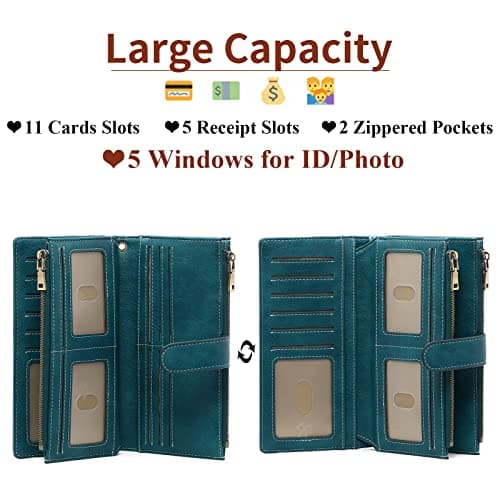 GOIACII Ladies Large Purse Soft Leather Women's Wallet, 2 Zipper Coin Phone Pockets, Detachable Wrist Strap, 5 ID Windows, RFID Blocking Travel Credit Card Holder, Teal — view 2