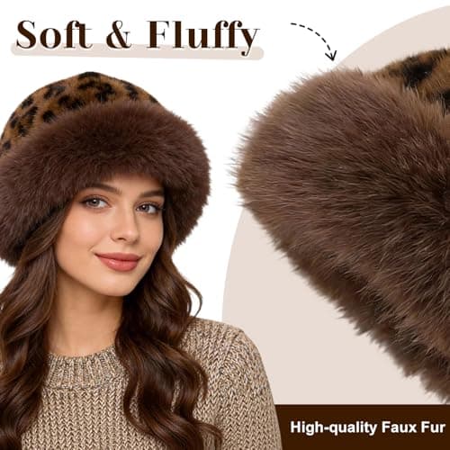 Faux Fur Bucket Hat for Women, Russian Style Winter Fluffy Fuzzy Ladies Hats Travel Hiking Work Home, Chapeau Fourrure Femme Winter Fashion Gift (Leopard) — view 3