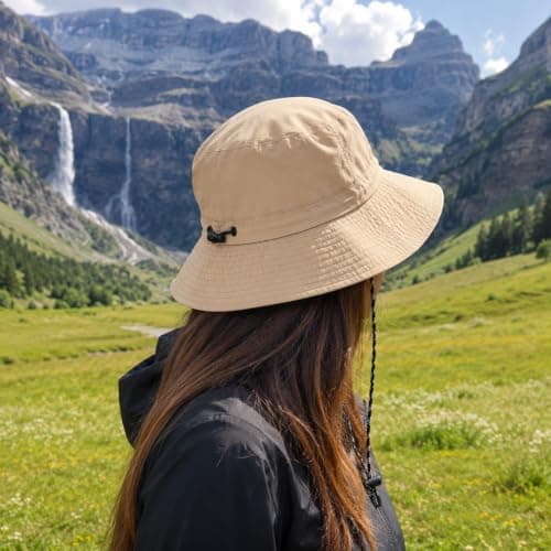 RubyTint Waterproof Bucket Hat Women & Men, Khaki Foldable Wide Brim Sun Hat with Adjustable Drawstring, Lightweight Quick-Dry UV Protection for Travel, Beach, Hiking, Fishing & Camping (Khaki) — view 5
