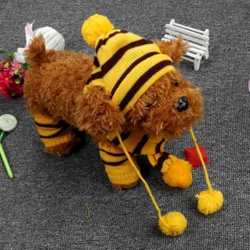 Dog Scarf and Hat Set in Yellow Colour Knitted Woolen Yarn for Winter, Warm and Easy to Put on Pet Accessories, for Holiday Photo Shoots and Travel — view 4