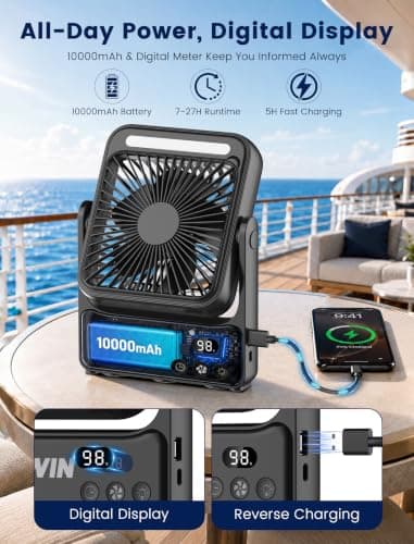 Magnetic Cruise Approved Fan with Night Light, 10000mAh Ultra-Slim Travel Fan, 4-Speed, Hook Design, Portable Fan for Cruise Ship Cabin, Bedroom Sleeping, Camping, Travel & Cruise Essentials 2026 — view 5