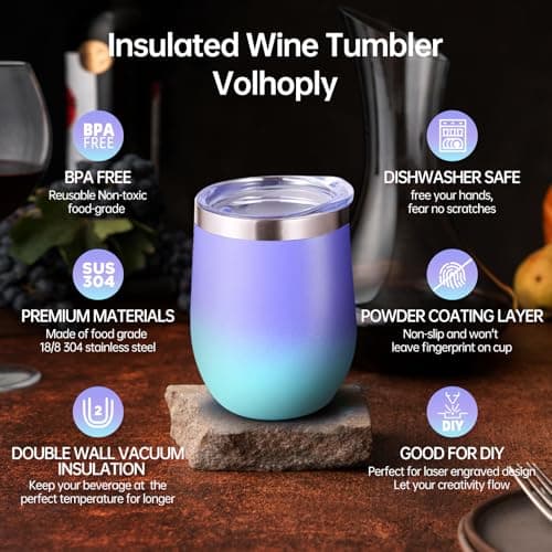 Volhoply 12oz Stainless Steel Wine Tumbler with Lid and Straw,350ml Double Wall Vacuum Insulated Stemless Wine Glasses,Travel Coffee Mug for Cold Drinks,Tumblers Gifts for Women（Purple Bule,1 Set） — view 3