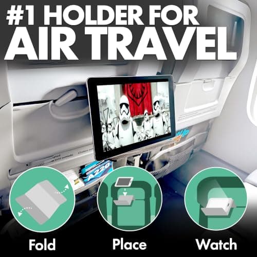 Flight Flap Airplane Tablet Holder, Flexible Cell Phone and Tablet Holder Extra Large 12x7”, Folding Cellphone Stand for Desk, Kindle, Bed, Airplane Gadgets Long Travel Essentials (Black) — view 2