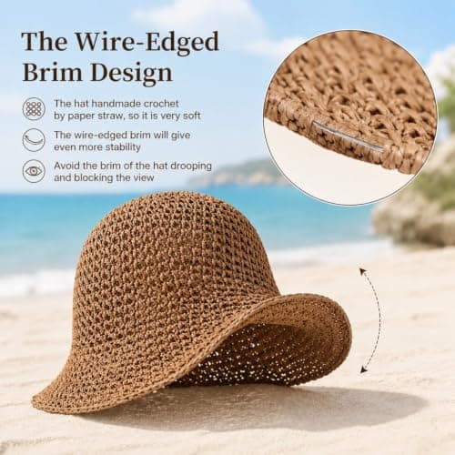 AXXSIL Straw Bucket Hats Women, Foldable Wide Brim Sun Hat Khaki — view 2