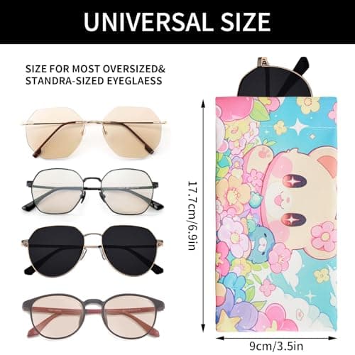 PERFECTSIGHT Eyeglass Glasses Sunglass Case Bag with Cleaning Cloth, Portable Squeeze Top Soft Vegan Leather Pouch for Women Boys Girls 2 Pack (Blue+Pink KB Bear) — view 2