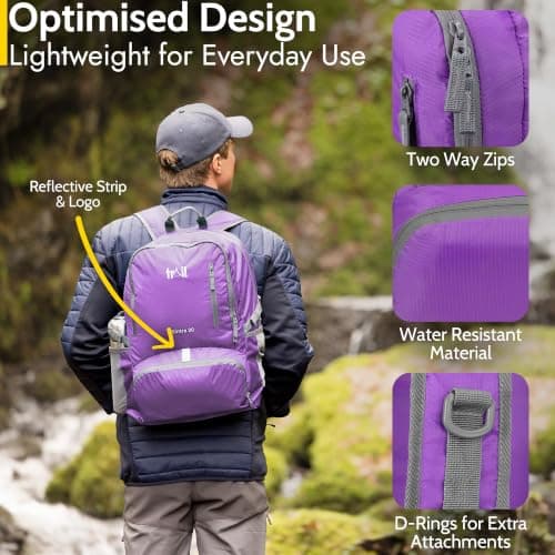 Trail Foldable Backpack, Lightweight Packable Rucksack, 20L, Purple — view 5