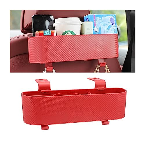 BELOMI Car Headrest Backseat Organizer with Cup Holder, Seat Back Hanging Storage Box with Hooks, Multi-Functional Drink Pocket Food Snack Phone Tray for Kids, Car Travel Accessories (Red)