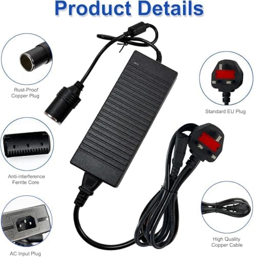 220V to 12V Adapter 10A 120W - UK 3-Pin Plug AC to DC Car Power Converter, Cigarette Lighter Socket for Vehicle Refrigerator, Tire Inflator, Automotive Vacuum & Road Trip/Home Use — view 3