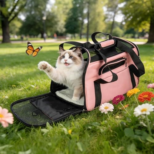 Minifactory Soft-Sided Pet Carrier Bag for Cats & Small Dogs – Foldable Travel Carrier with Breathable Mesh, 4 Storage Pockets, Removable Comfort Pad, Airline Approved (Pink, S) — view 3