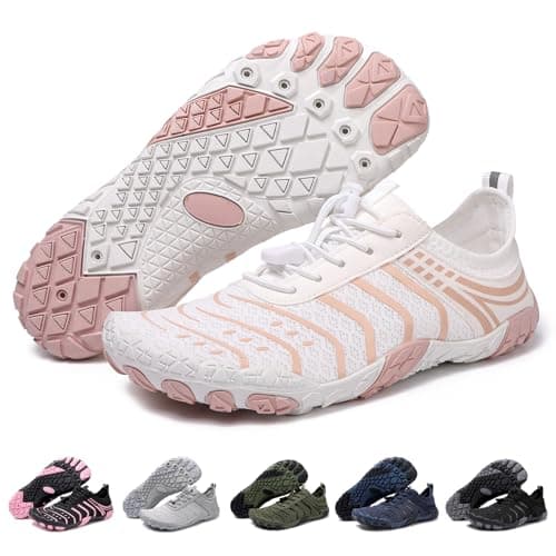 Barefoot Shoes Quick Dry Aqua Shoes Water Shoes Men Women Summer Beach Shoes Toe Protection Non Slip Swimming Shoes Lightweight Stylish River Shoes, Pink and White, 6UK