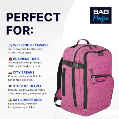 Bordlite Travel Underseat Cabin Approved Backpack, Lightweight Travel Rucksack, Premium Carry on Bag, 40x20x25cm - Pink — view 4