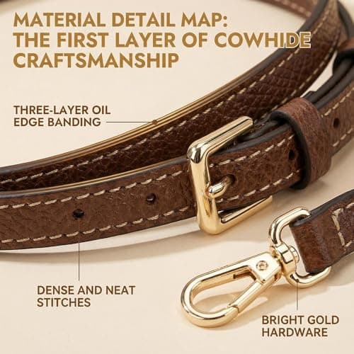 1 Set Cognac Brown Slim Crossbody Bag Strap Replacement Adjustable Handbag Shoulder Sling 120cm Length PU Faux Leather with Gold-Tone Hardware No-Punch Conversion Clasps for Adults DIY — view 3