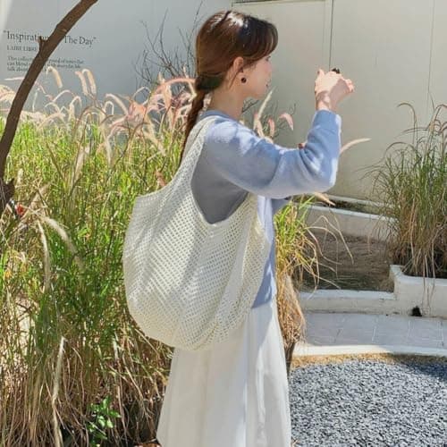 Aucuu Women Knitted Handbags, Retro Hollow Woven Shoulder Bags, Boho Shoulder Bag, Crochet Mesh Tote Bag, Beach Bag for Women, Travel Shopping Handbag for Holiday, Daily Work, Shopping, Travel-White — view 5