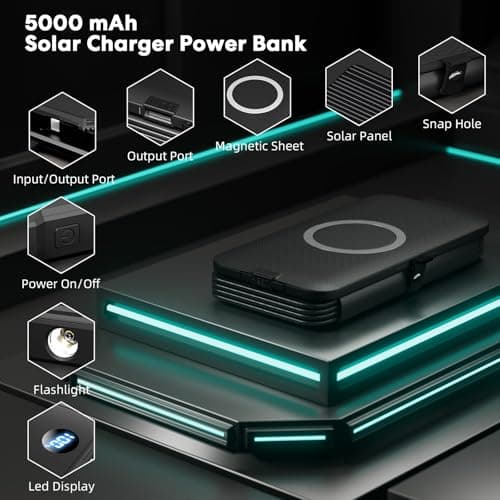 YELOMIN Solar Charger Power Bank 5000mAh with 4 Foldable Panels & 2 Built-in Cables, Wireless Portable Charger, Outdoor External Battery Pack with USB-C in/Output & SOS Flashlight for Camping Hiking — view 4