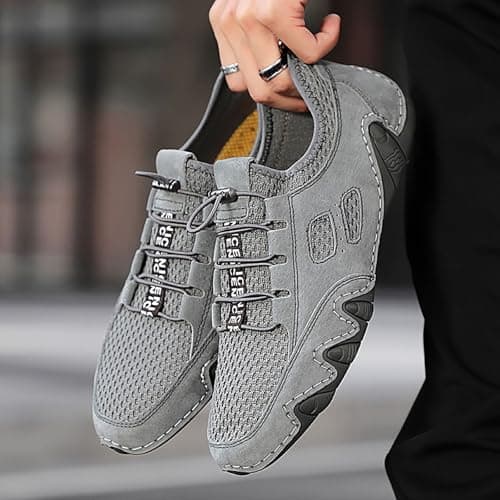 Casual Breathable Mesh Leather Sneakers for Men Walking Running Comfortable Slip On Shoes Spring Summer Autumn Daily Travel Beach, gray, 7 UK — view 4