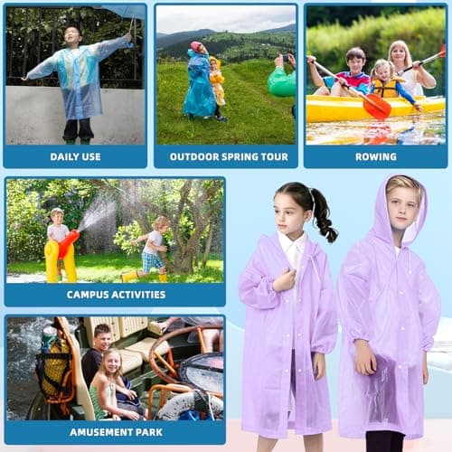 WOHSEROM 2 Pack Rain Ponchos for Kids Reusable,Thickened EVA Travel Raincoat Jacket with Hoods and Sleeves,Lightweight Light Purple Capes Ponchos for Boys and Girls Outdoor Camping Travel — view 6