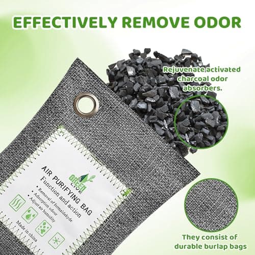 2 Pack 100g Bamboo Charcoal Bags, Grey Linen Fabric Activated Charcoal Odour Absorber, Activated Charcoal Bags with Hanging Holes, Odor Eliminator for Bathroom Wardrobes Cars — view 3