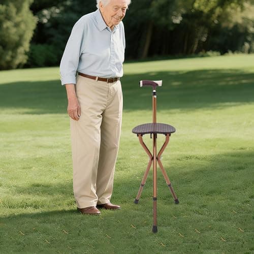 Walking Stick with Seat, Portable Folding Walking Cane with LED Light, Non-slip Rubber Base, 5 Gears Adjustable Height, Max. 330 lbs, 3 Legged Shooting Stick for Seniors Travel Hiking — view 2