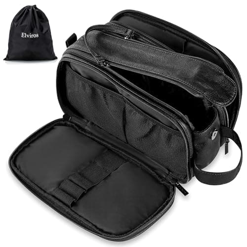 Elviros PU Leather Toiletry Bag for Men Water-Resistant, Black-Medium