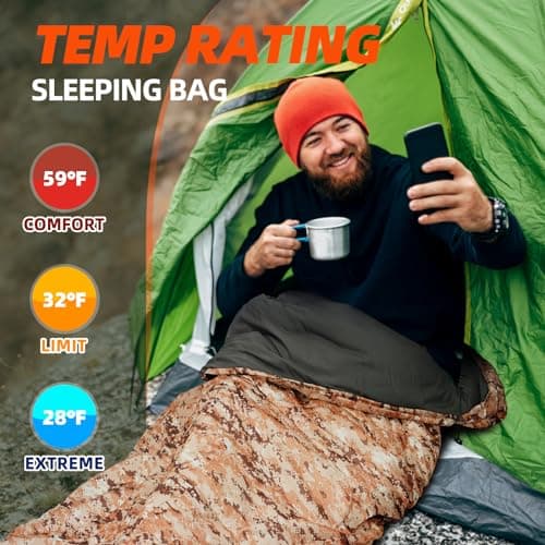 MEREZA Sleeping Bags XL for Mens Large Wide Sleeping Bag for Camping Big and Tall Sleeping Bags for Women Adults Warm with Compression Sack Cold Weather & Warm (Brown Camouflage & Grey) — view 2