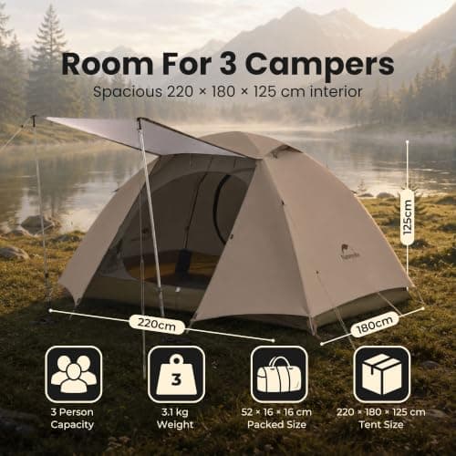 Naturehike Cloud-Creek Series 3 Person Tent – Lightweight Waterproof Camping & Backpacking Tent with Aluminium Poles, UPF50+ & Double Layer Design Brown — view 2