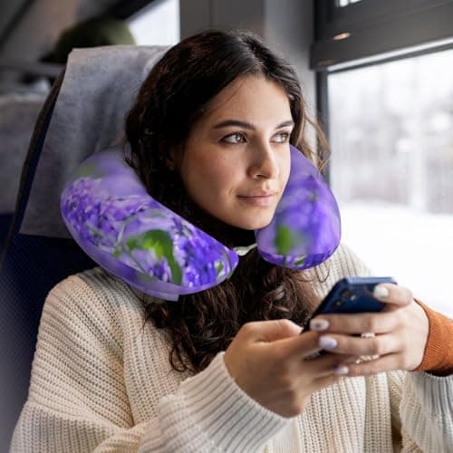 AUGUSTRUSH Memory Foam Neck Pillow - Travel Pillow With Adjustable Clasp, Removable Washable Cover For Airplane Office Car, Ergonomic Support Comfortable U-Shaped Pillow, Purple Lavender Flowers Print — view 5