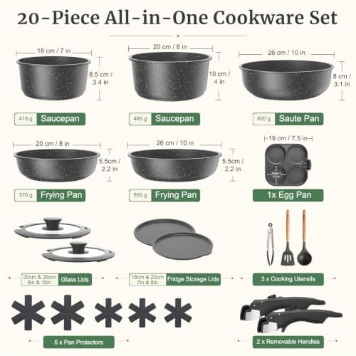 YASHE 20Pcs Nonstick Cookware Set with Detachable Handles, Oven Safe — view 2