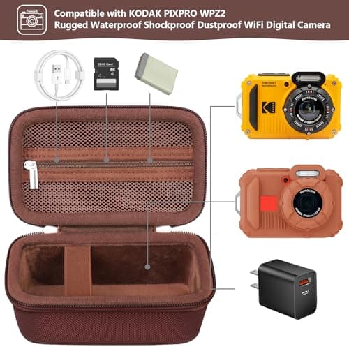 Supmay Carrying Case Compatible with Kodak PIXPRO WPZ2 Rugged Waterproof Shockproof Dustproof WiFi Digital Camera, Travel Case with Mesh Pocket fits USB Cable, SD Card, Battery, Charging Plug, Brown — view 2