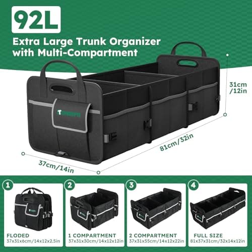 Tonmifr Heavy-Duty Car Boot Organiser & Multi-Compartment Storage Box for SUV/Hatchback/Estate, 600D Oxford Collapsible Tidy, 2 Securing Hooks & Reflective Strips - Large Capacity Organiser​ (92L) — view 3