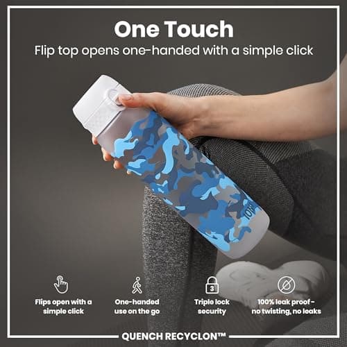ION8 1 Litre Water Bottle, Leak Proof, Flip Lid, Carry Handle, Rapid Hydration, Dishwasher Safe, BPA Free, Contoured Grip, Ideal for Travel, Gym & Activity, Carbon Neutral Recyclon, 32 oz, Camouflage — view 3