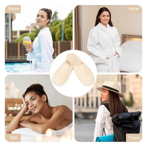 4 Pairs Natural Toweling Slippers - Luxury 100% Organic Cotton, Ultra Soft, Machine Washable Indoor Slippers for Reusable Guest Slipper or Guests, Home, Spa & Airplane, Lightweight & Packable — view 2