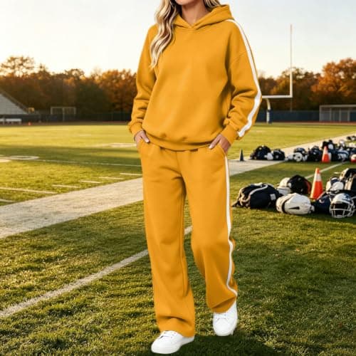 Womens Yellow 2 Piece Outfit Pullover Hoodie and Wide Leg Trousers — view 6